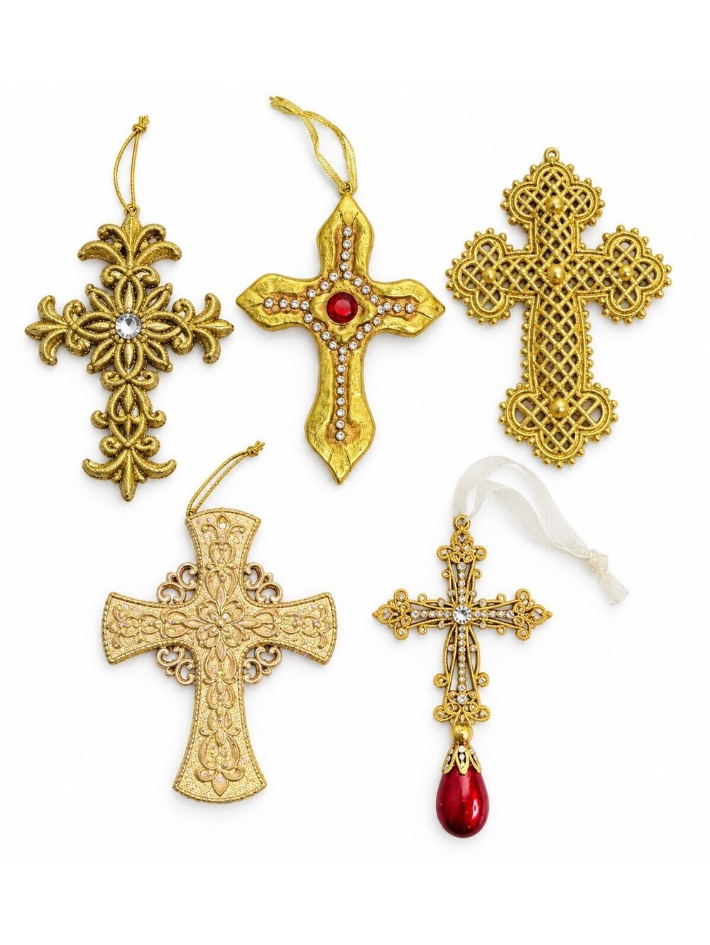 Lot of 5 Gold Cross Christmas Ornaments Rhinestone Jeweled Religious Decor